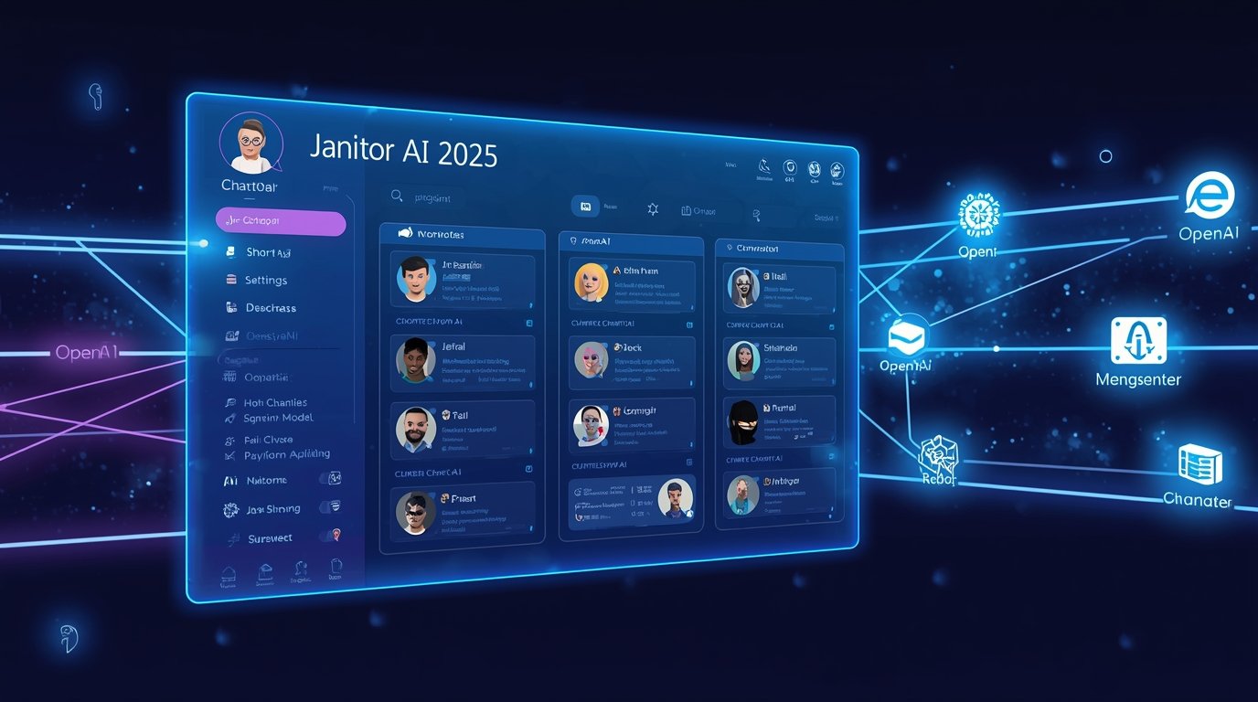 A sleek futuristic digital interface displaying a customizable chatbot dashboard labeled “Janitor AI (2025)
