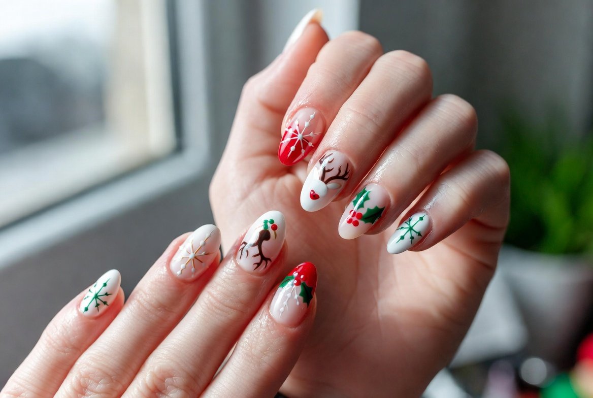 Christmas Nail Art using Chrome, Sparkles and Stickers
