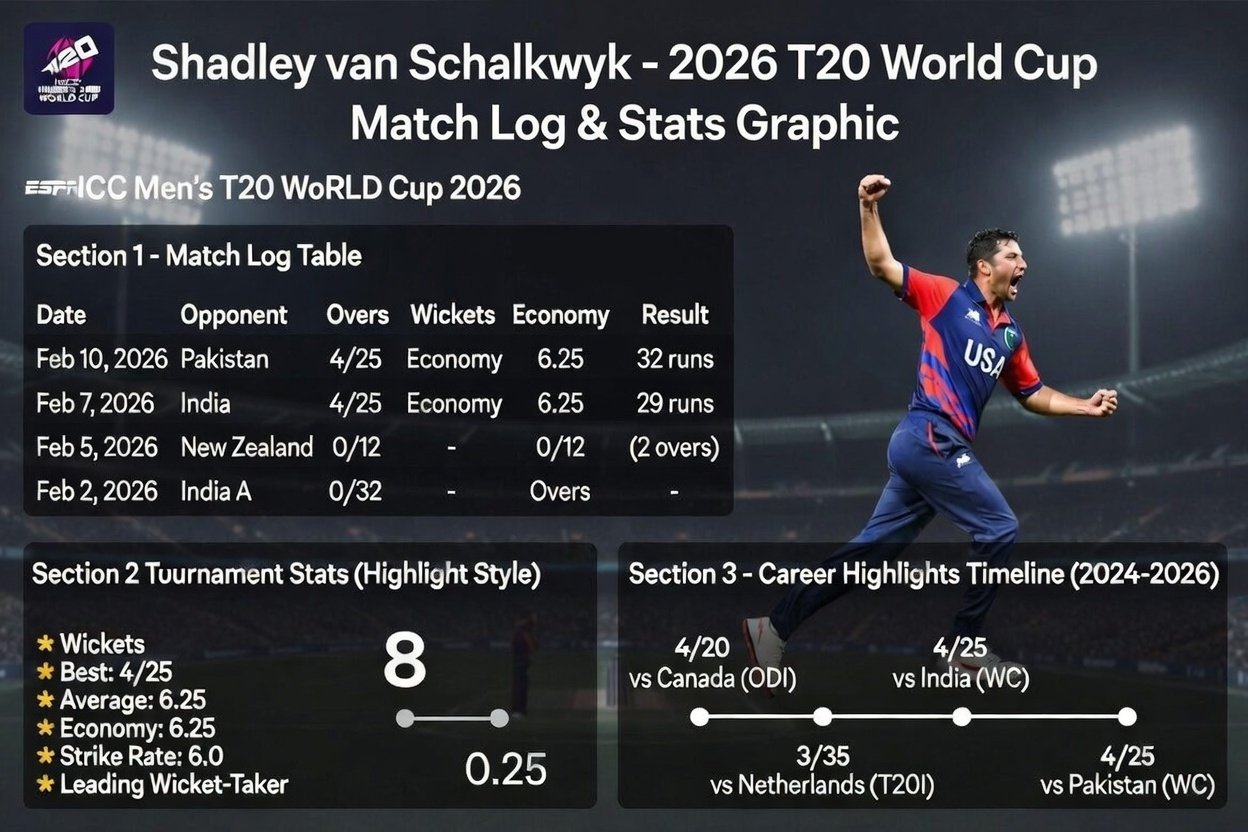 Shadley van Schalkwyk – 2026 T20 World Cup Match Log