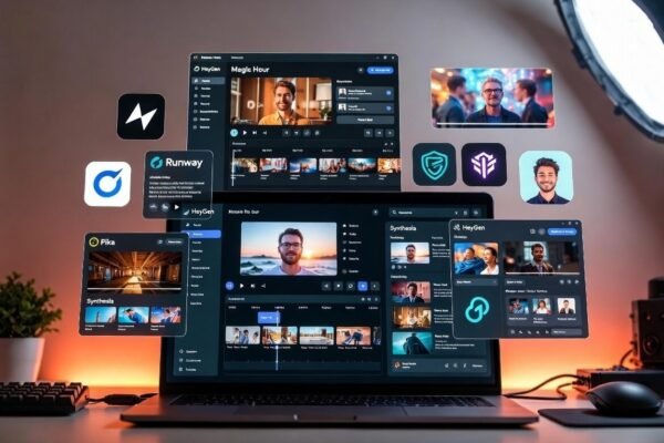 AI video generator tools like Magic Hour, Runway, Pika, and Synthesia displayed on a modern video creation dashboard