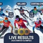 A dynamic, high-resolution editorial image for the 2026 Winter Olympics live results. Feature athletes skiing, snowboarding, figure skating, and speed skating in action across Milano and Cortina d’Ampezzo venues. Include Olympic medals (gold, silver, bronze) and a live-updates graphic overlay showing a medal table. Bright winter environment with cheering crowds, Italian flags, and energetic motion. Modern, clean sports news style, suitable for web publication and social media hero image.