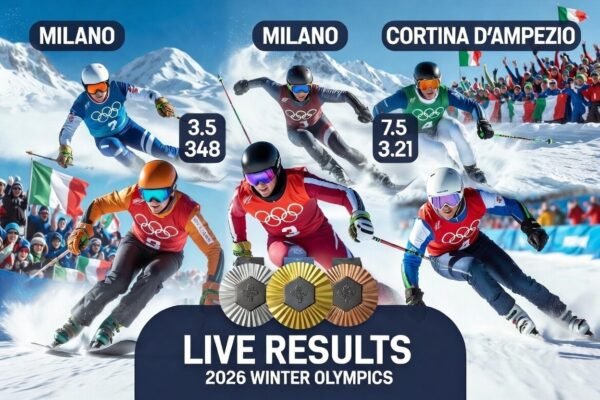A dynamic, high-resolution editorial image for the 2026 Winter Olympics live results. Feature athletes skiing, snowboarding, figure skating, and speed skating in action across Milano and Cortina d’Ampezzo venues. Include Olympic medals (gold, silver, bronze) and a live-updates graphic overlay showing a medal table. Bright winter environment with cheering crowds, Italian flags, and energetic motion. Modern, clean sports news style, suitable for web publication and social media hero image.