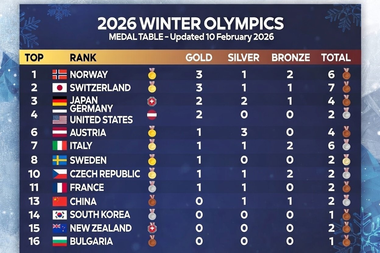 2026 Winter Olympics Medal Table — Updated 10 February 2026