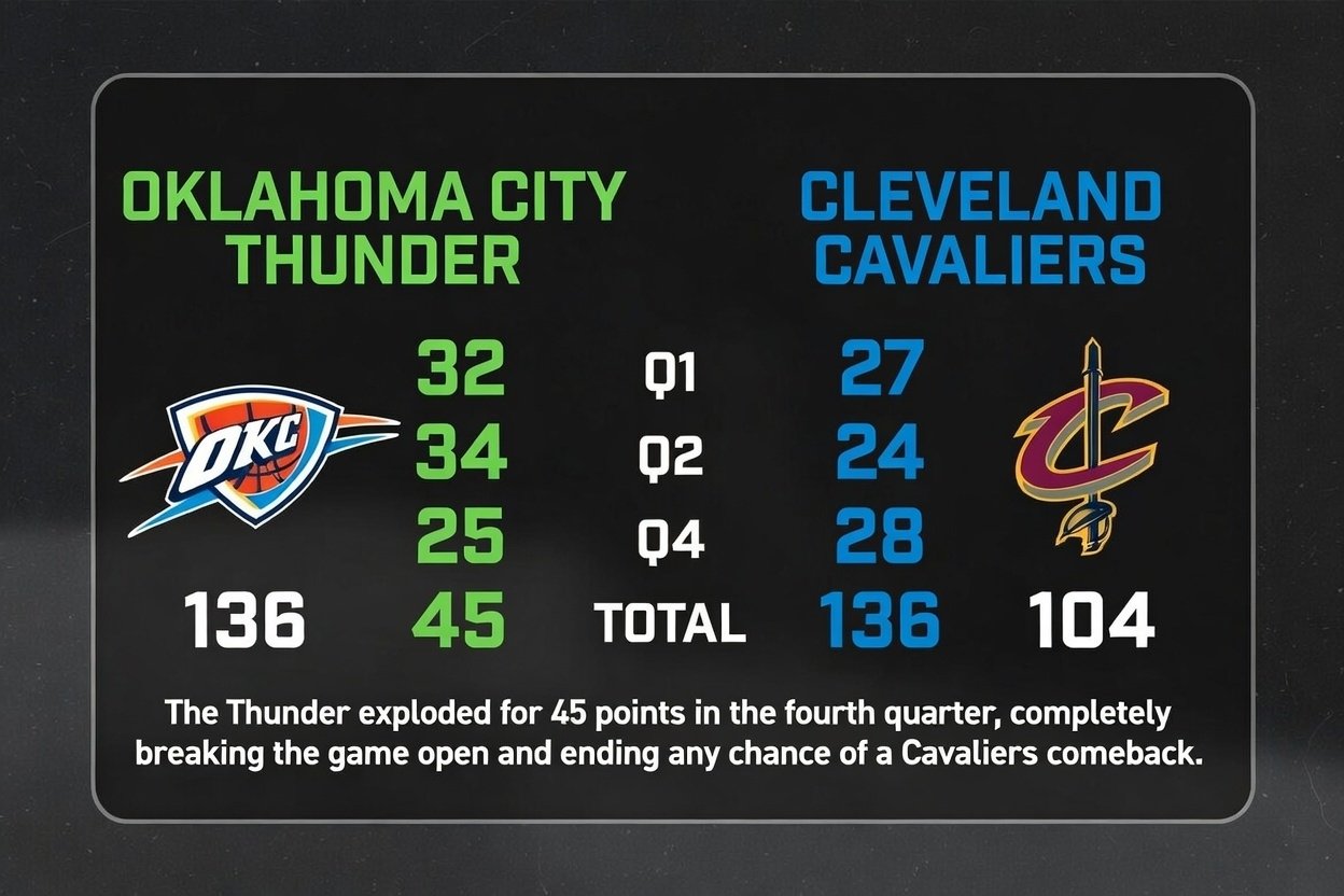 Final Score by Quarter: How the Game UnfoldedTeam Q1 Q2 Q3 Q4 Total Oklahoma City Thunder 32 34 25 45 136 Cleveland Cavaliers 27 24 28 25 104 Key moment: The Thunder exploded for 45 points in the fourth quarter, completely breaking the game open and ending any chance of a Cavaliers comeback.