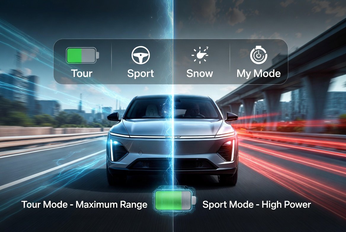 Do the driving modes in the Cadillac Lyriq offer different ranges or battery usages?