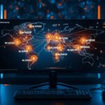 World map showing R6 server regions with a gaming PC setup.