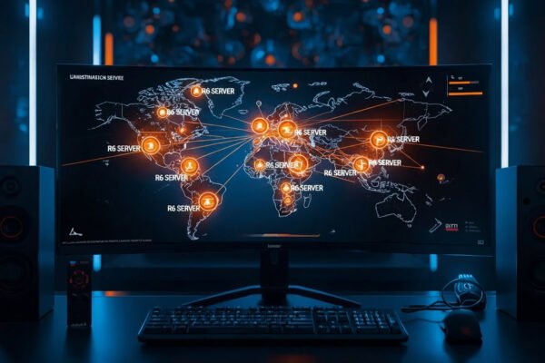 World map showing R6 server regions with a gaming PC setup.