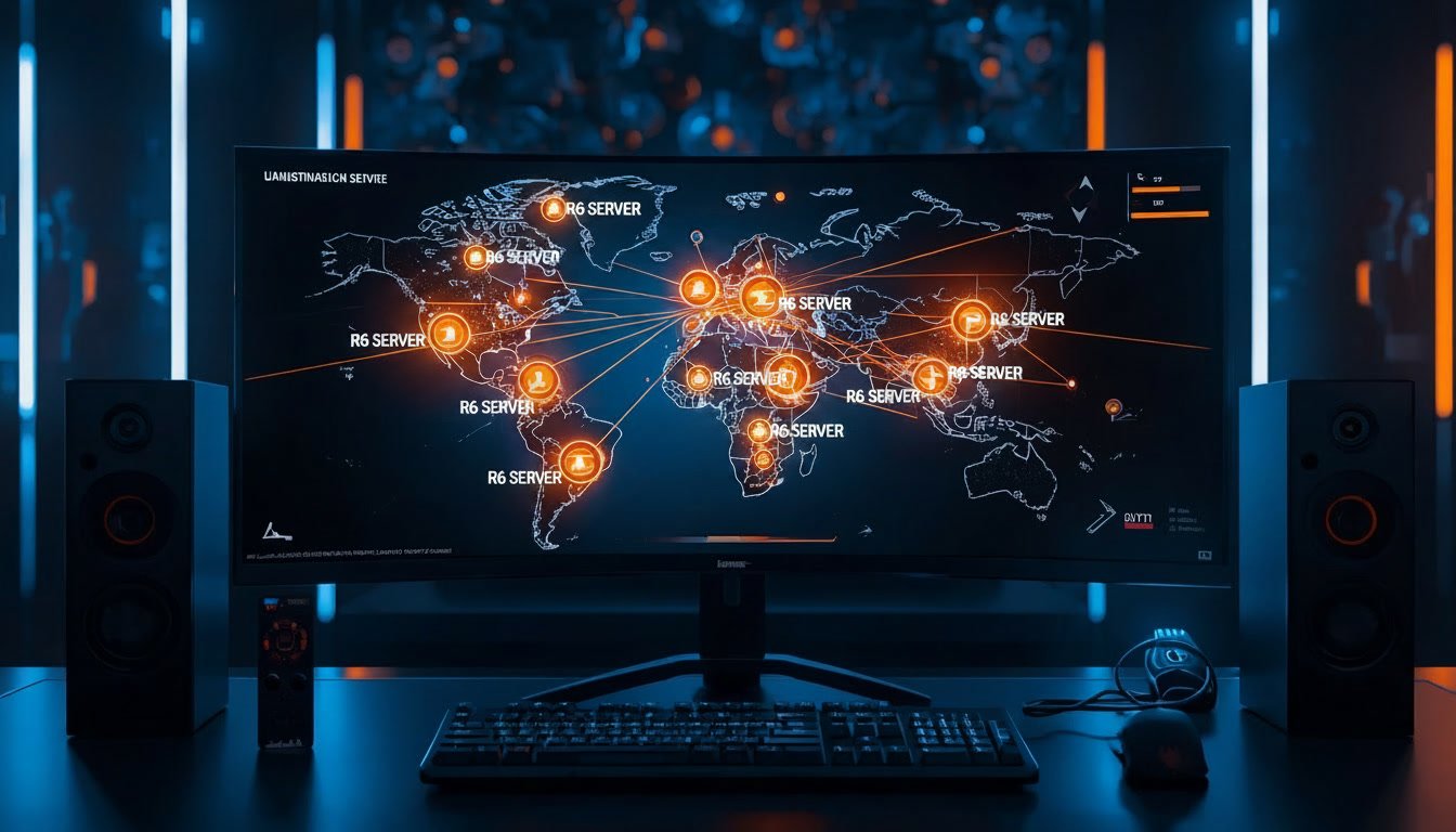 World map showing R6 server regions with a gaming PC setup.