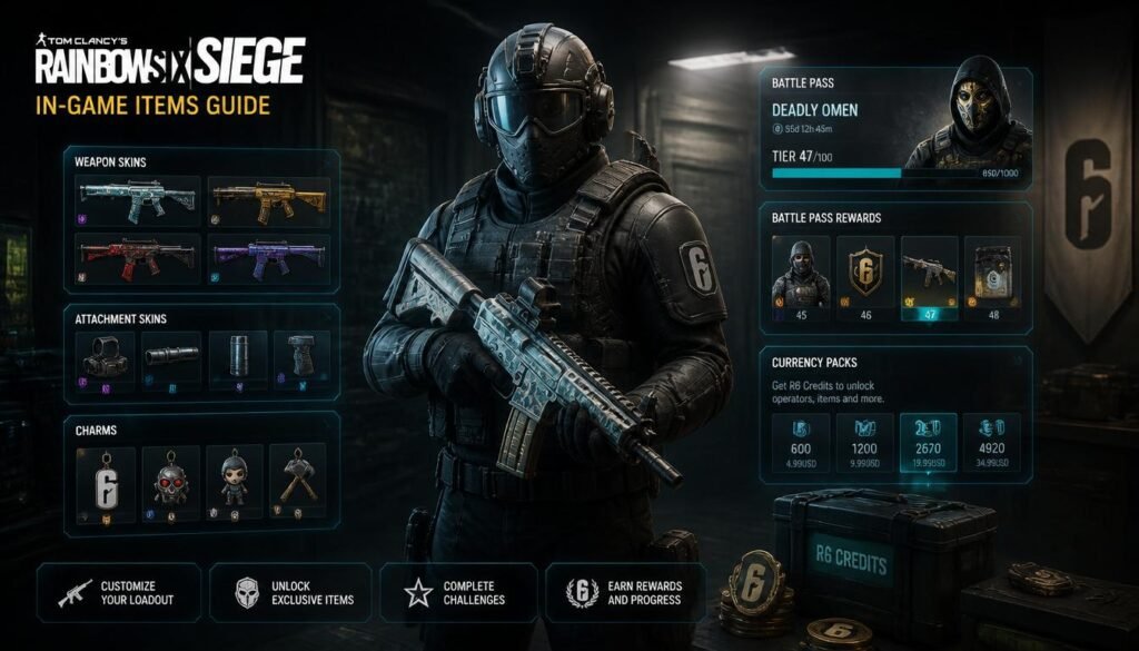 Rainbow Six Siege in-game items including operators, weapon skins, cosmetics, and rewards