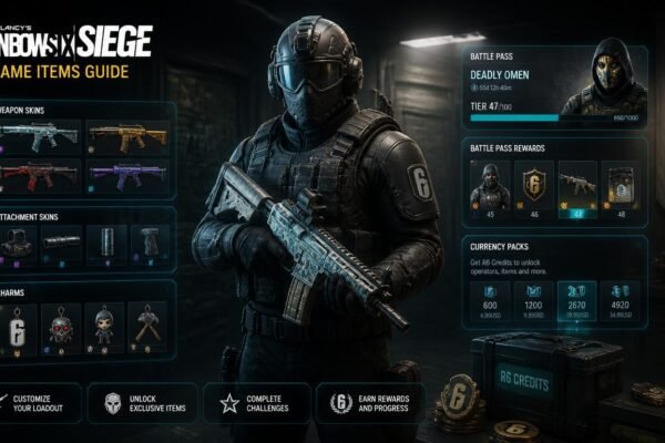 Rainbow Six Siege in-game items including operators, weapon skins, cosmetics, and rewards