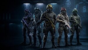 Rainbow Six Siege Operators showcasing customizable in-game items and weapon skins.
