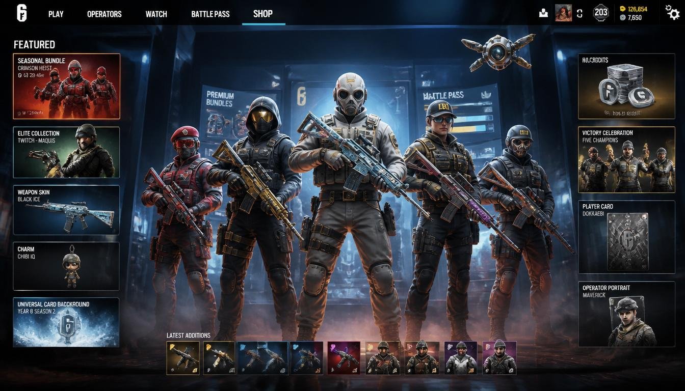 Rainbow Six Siege in-game items featuring Operator skins, weapon skins, Elite Sets, Battle Pass rewards, and cosmetic bundles.